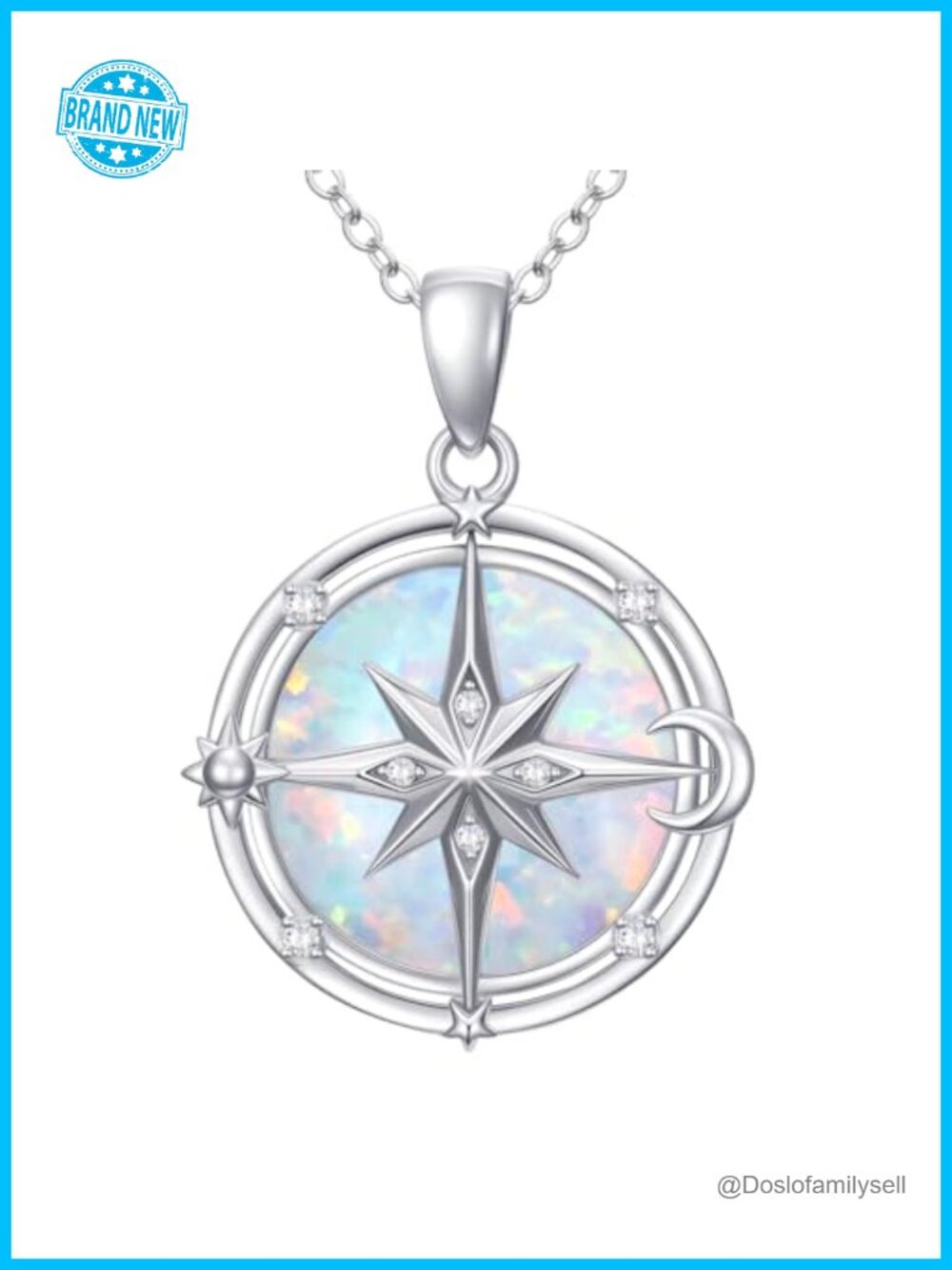 Sterling Silver Opal Compass Pendant Necklace Lab Diamond Sun Moon Star